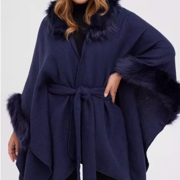 Torrid Belted Fur Trim Ruana Navy Blue - Picture 1 of 6
